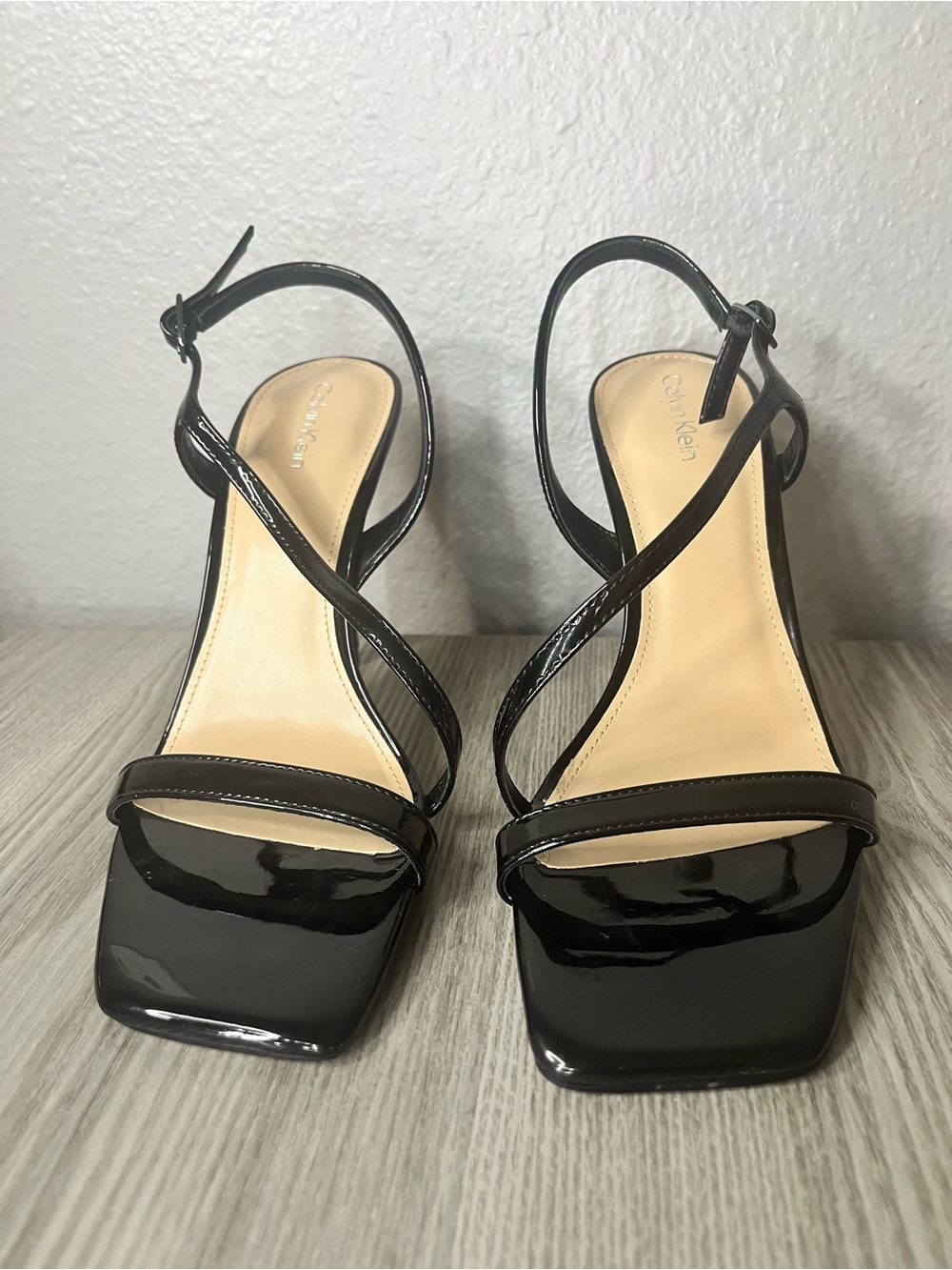 Calvin Klein Black Patent Strappy Square Toe Heels